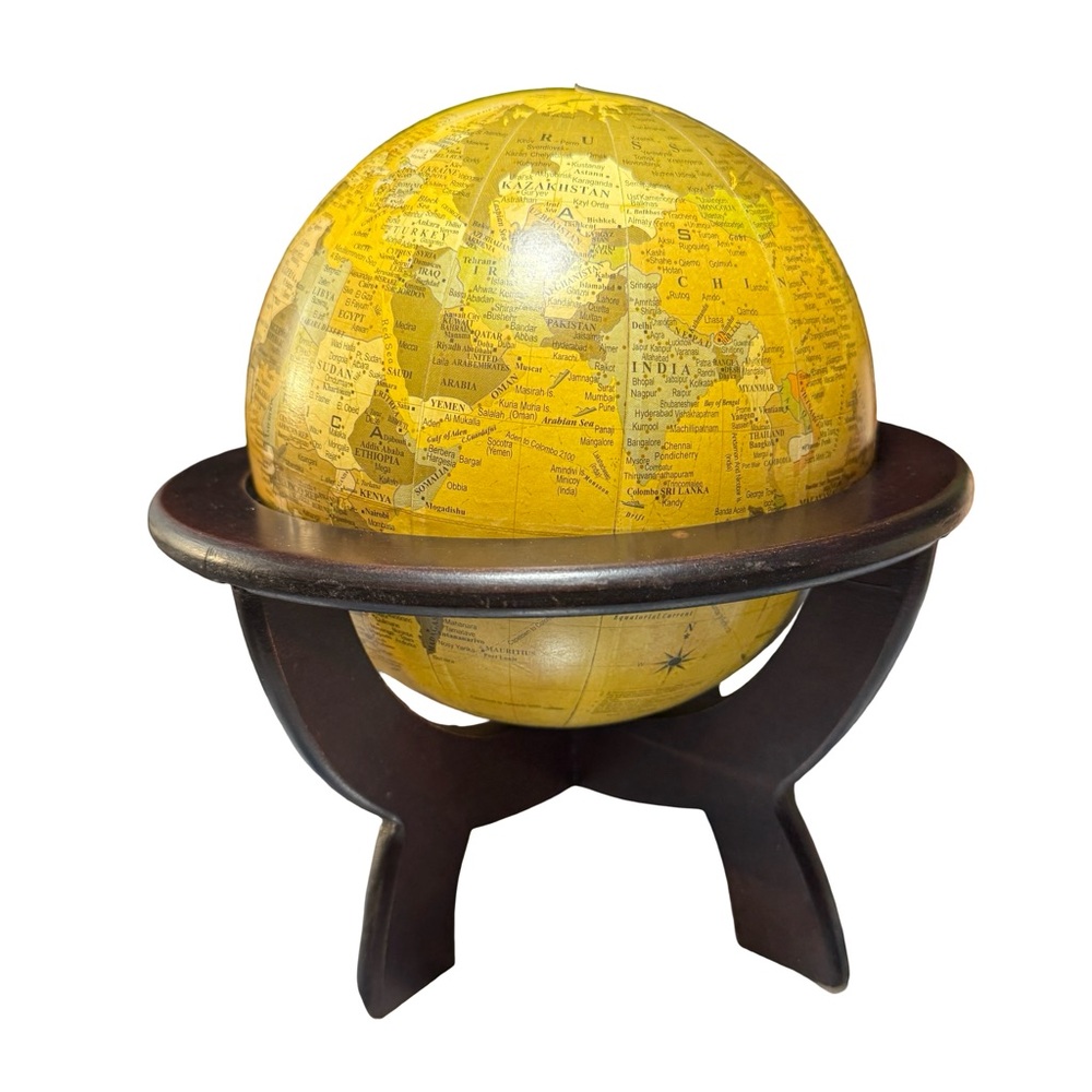 Globe 12 " Diameter Wood Base Metal Frame Rotating Tabletop Old World Style